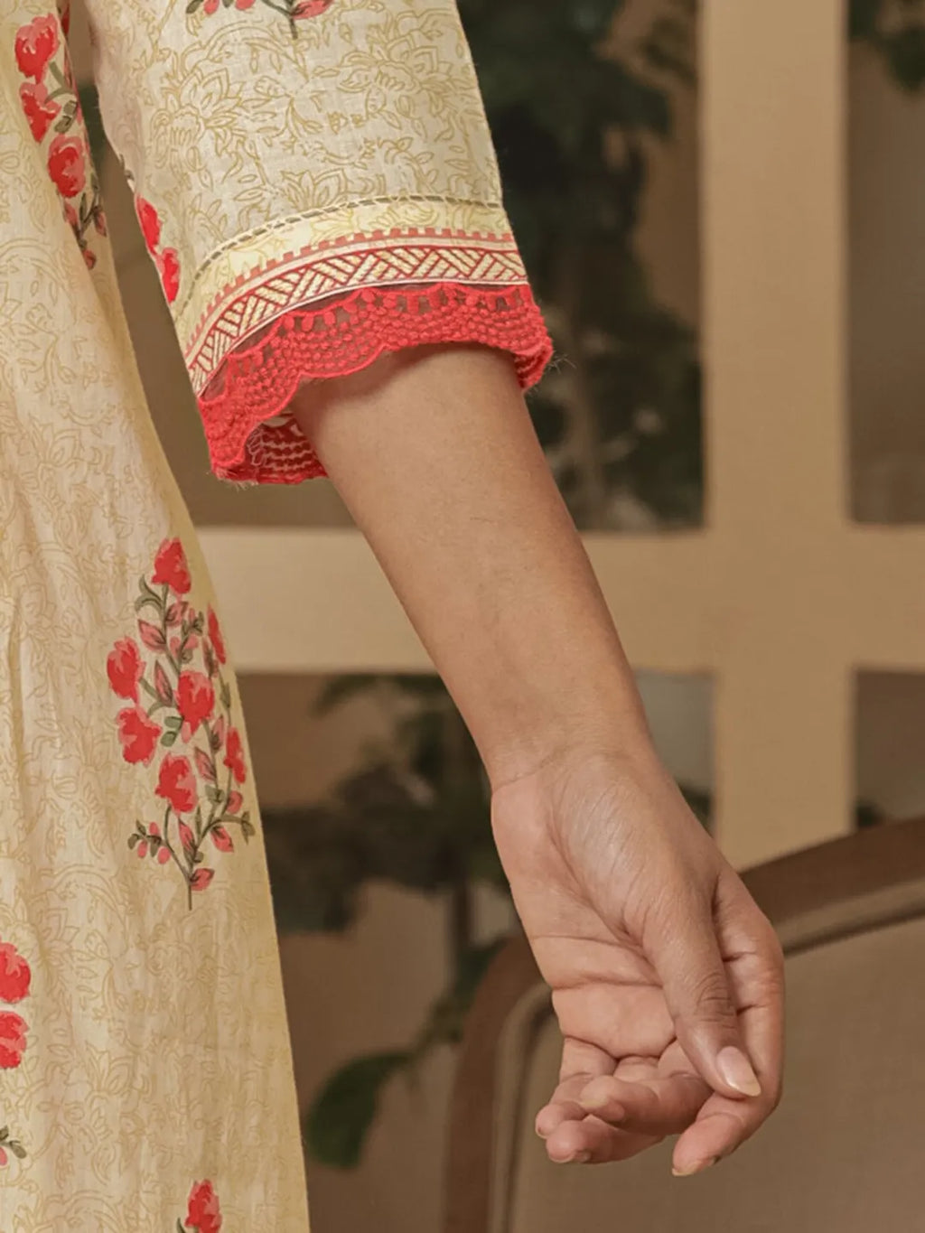 Yufta Cotton Cream And Peach Kurta Dupatta Set