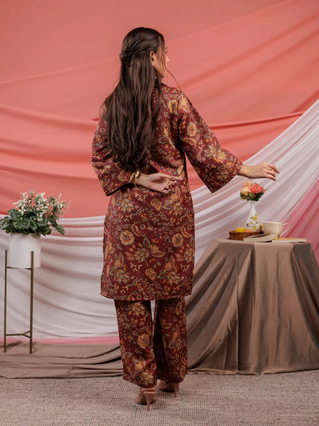 Yufta Cotton Digital Printed Maroon Workwear Co-Ord Set With Pintuck Detailing On Sleeves