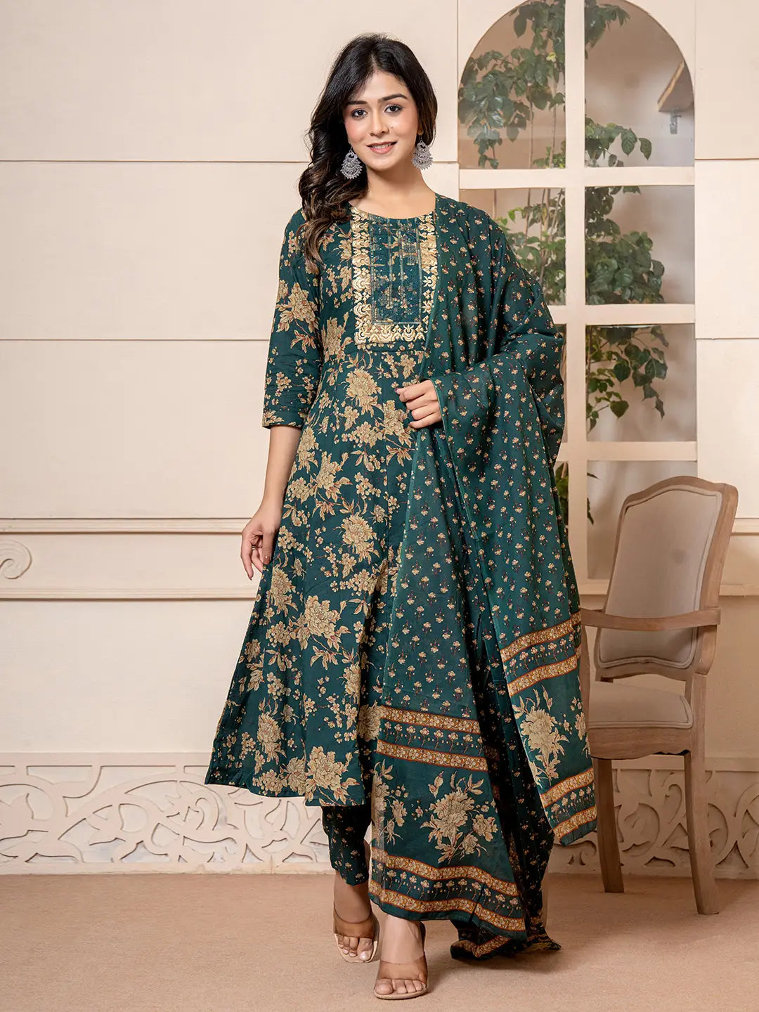 Yufta Cotton Green Anarkali Dupatta Set