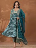 Yufta Cotton Green Anarkali Ethnic Motifs Kurta Dupatta Set
