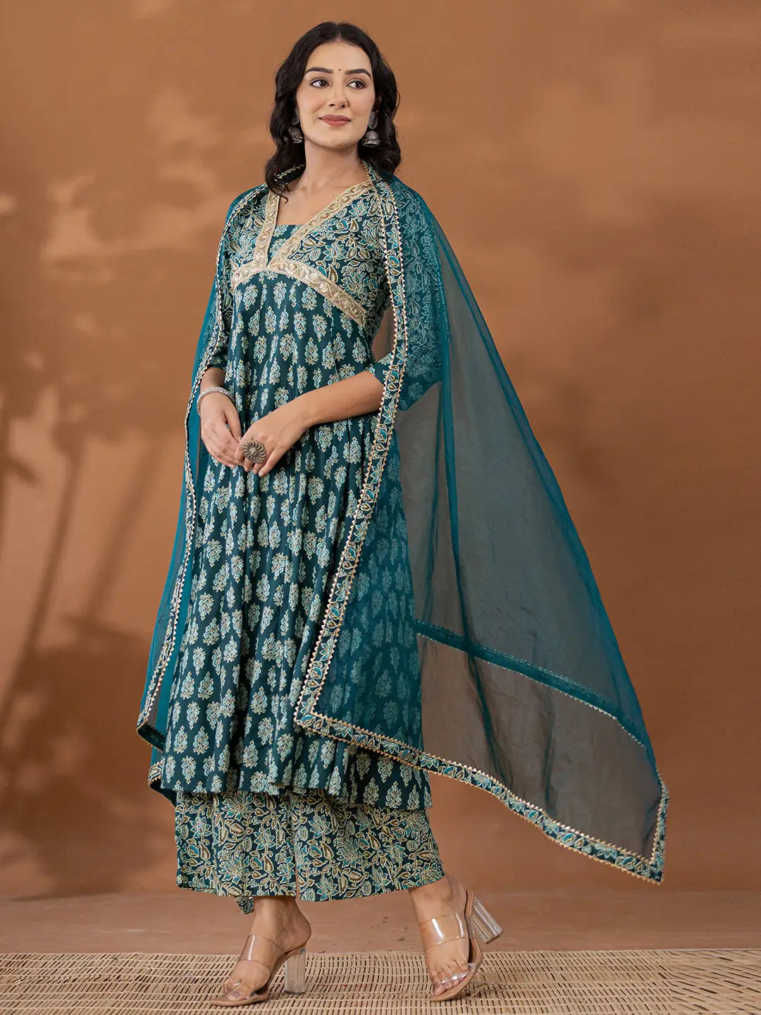 Yufta Cotton Green Anarkali Ethnic Motifs Kurta Dupatta Set