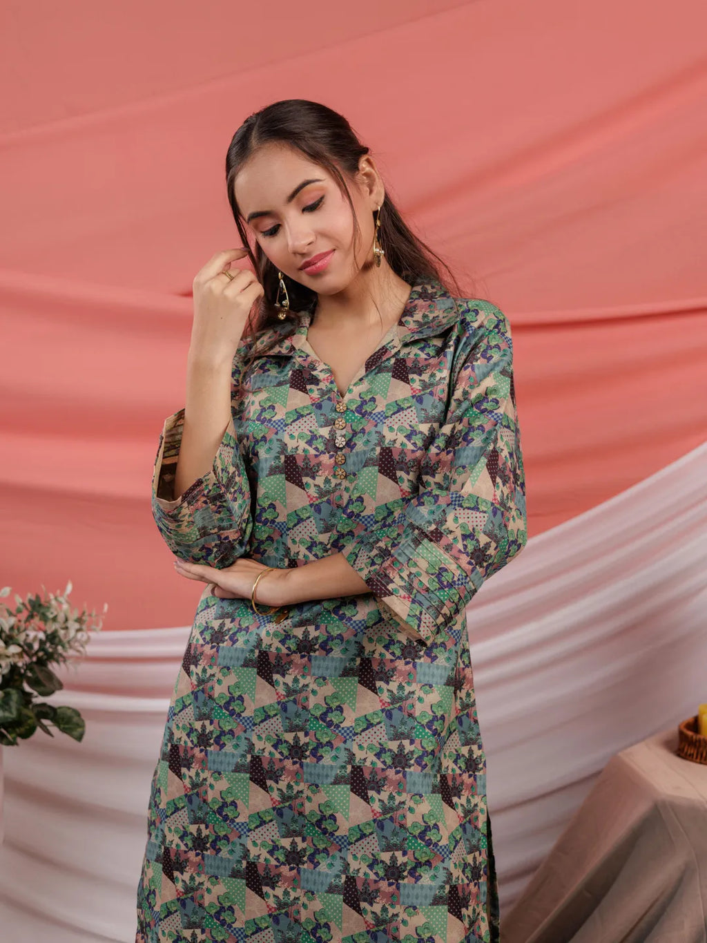 Yufta Cotton Green Digital Print Workwear Kurta Co Ord Set With Pintuck Detailing On Sleeves