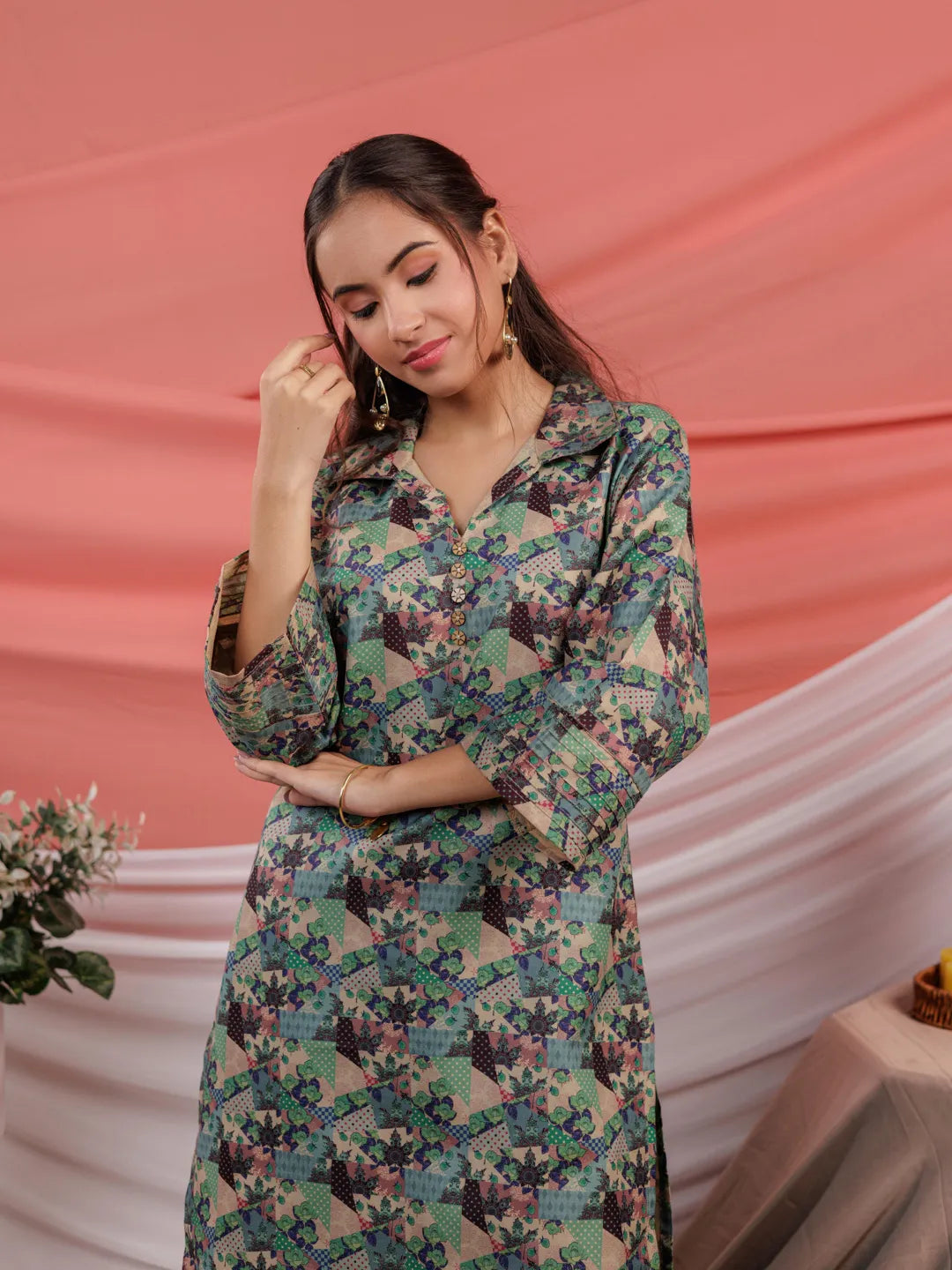 Yufta Cotton Green Digital Print Workwear Kurta Co Ord Set With Pintuck Detailing On Sleeves