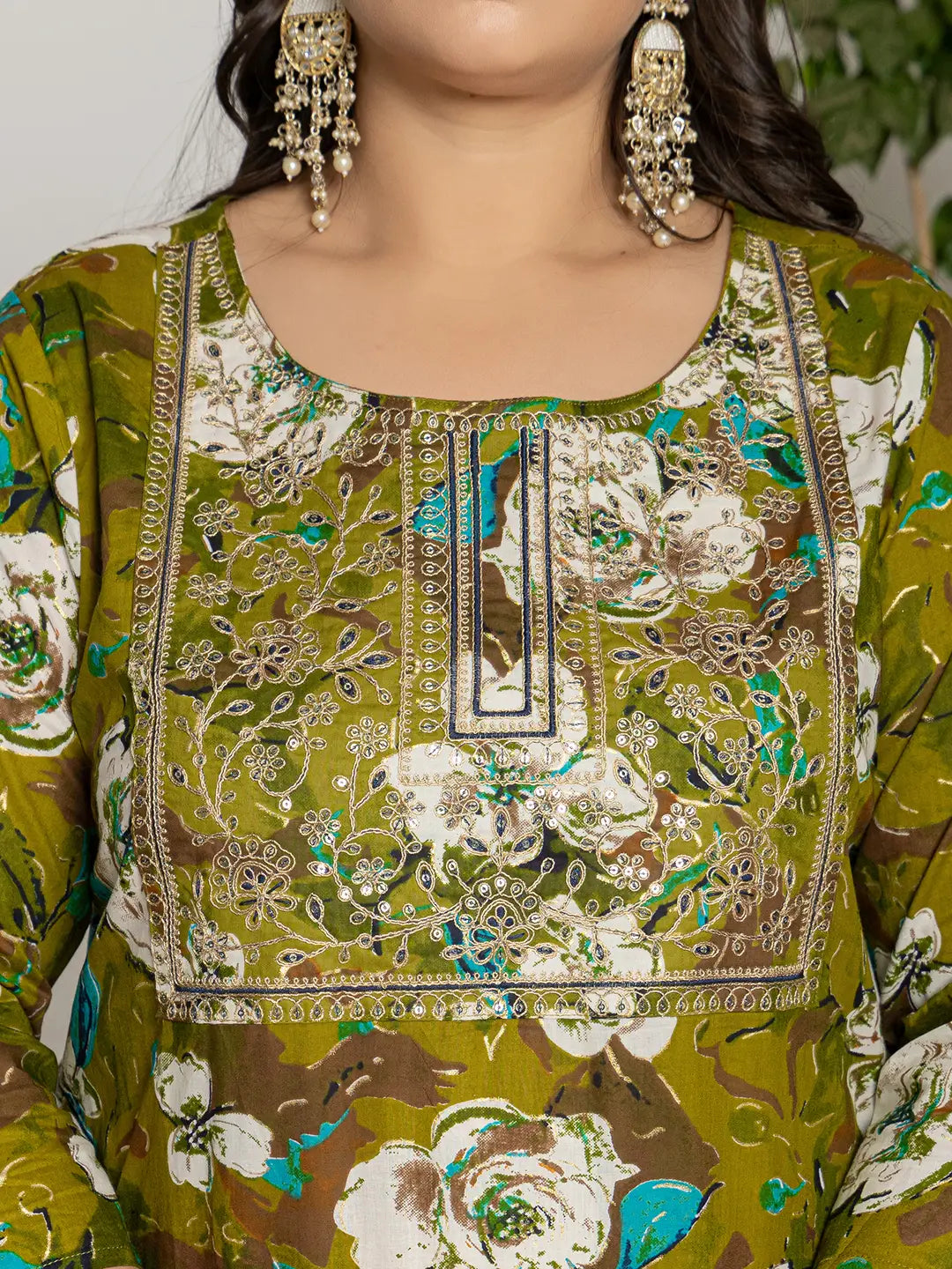 Yufta Cotton Green Embroidered Plus Size Kurta Dupatta Set
