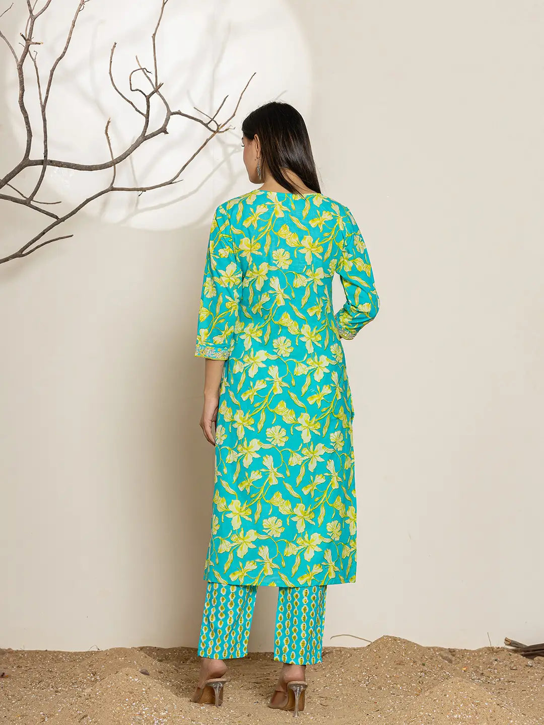 Yufta Cotton Green Kurta Dupatta Pant Set