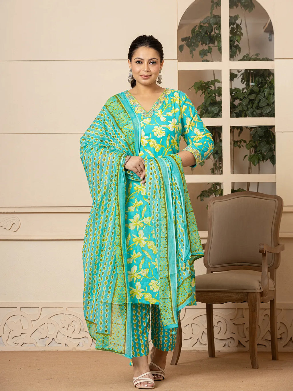 Yufta Cotton Green Plus Size Kurta Dupatta Pant Set