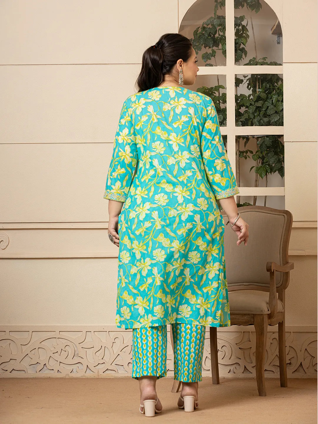 Yufta Cotton Green Plus Size Kurta Dupatta Pant Set