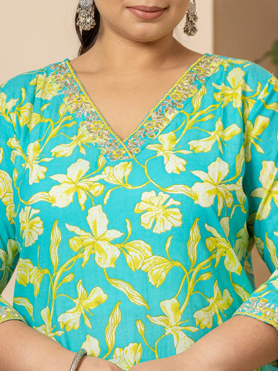 Yufta Cotton Green Plus Size Kurta Dupatta Pant Set