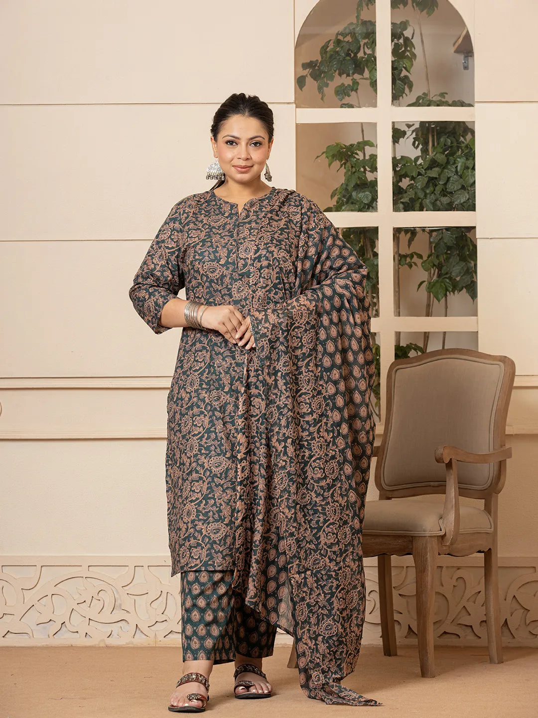 Yufta Cotton Green Plus Size Kurta Dupatta Set