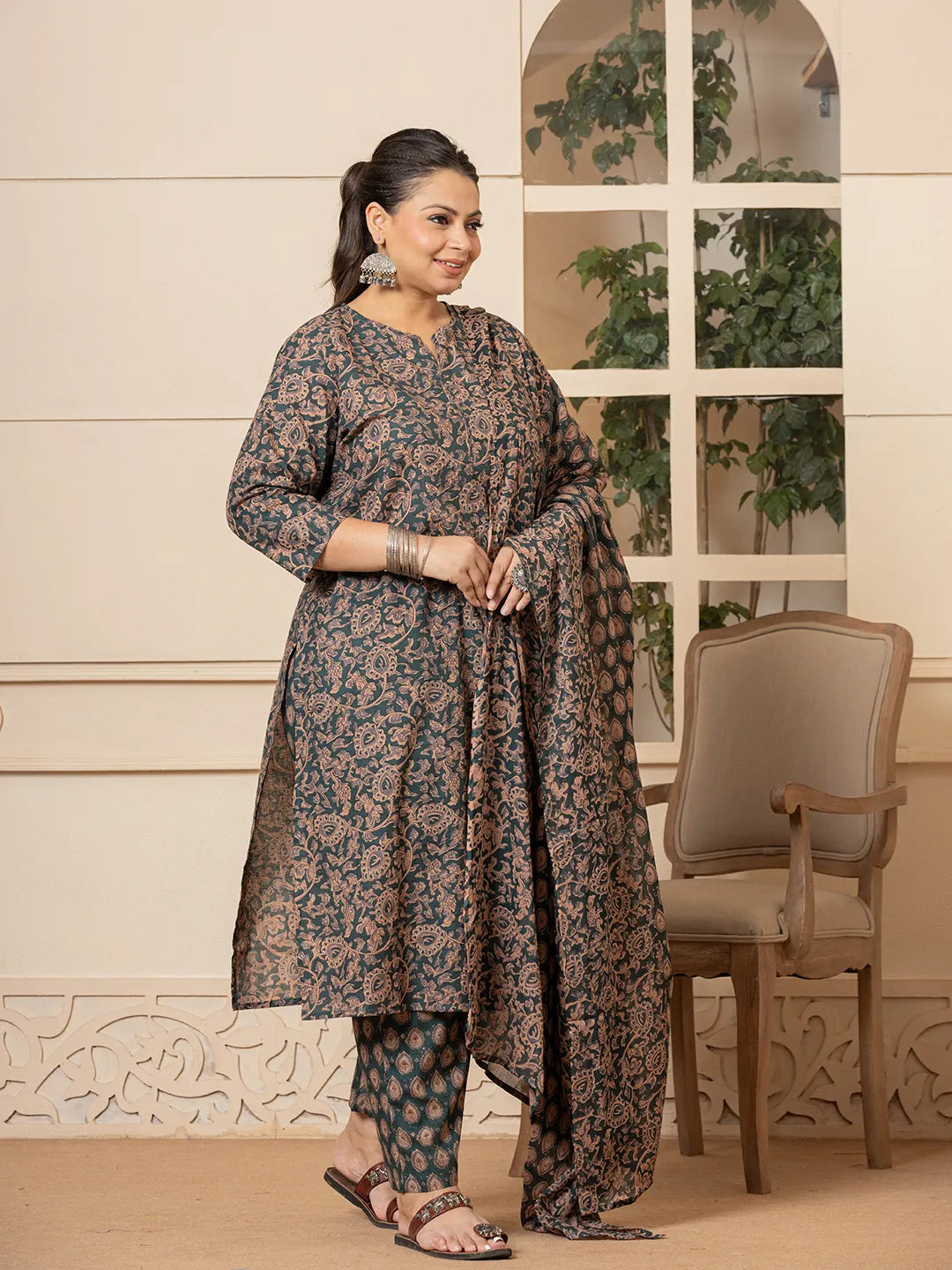 Yufta Cotton Green Plus Size Kurta Dupatta Set