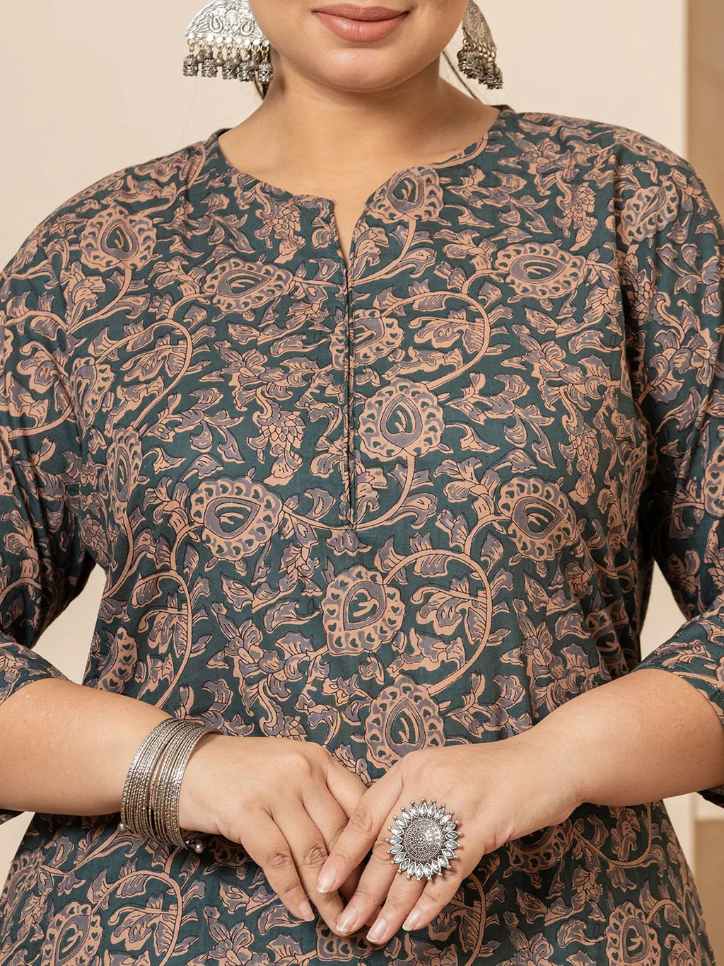 Yufta Cotton Green Plus Size Kurta Dupatta Set