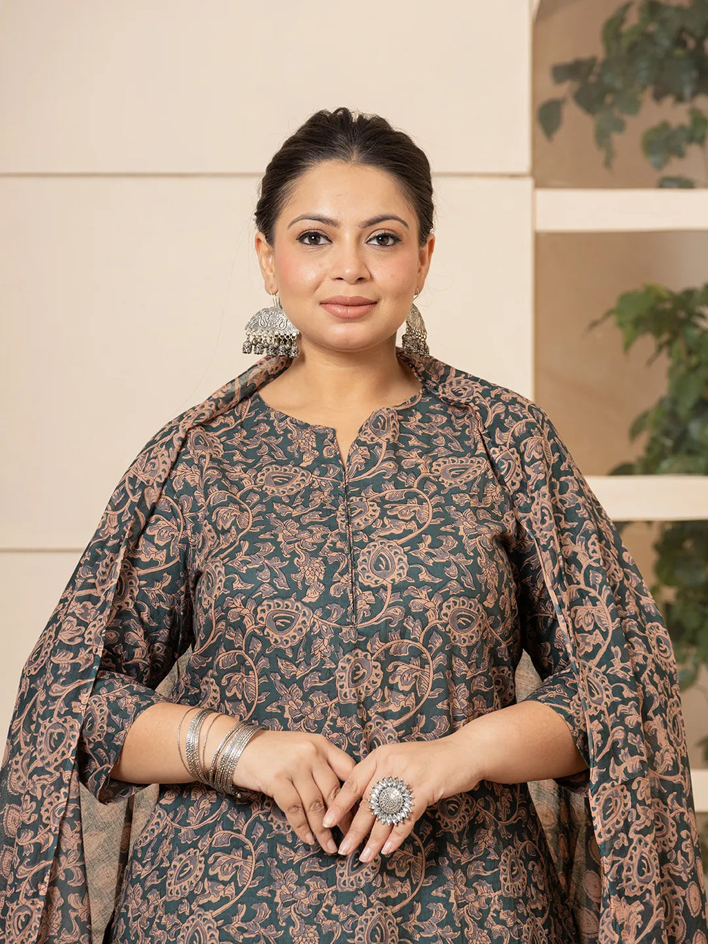 Yufta Cotton Green Plus Size Kurta Dupatta Set