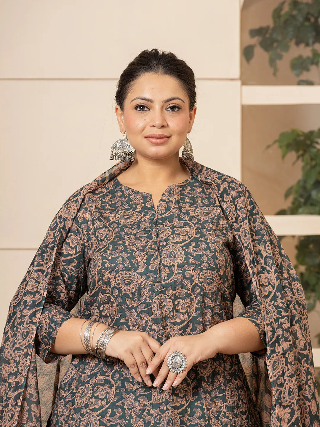 Yufta Cotton Green Plus Size Kurta Dupatta Set
