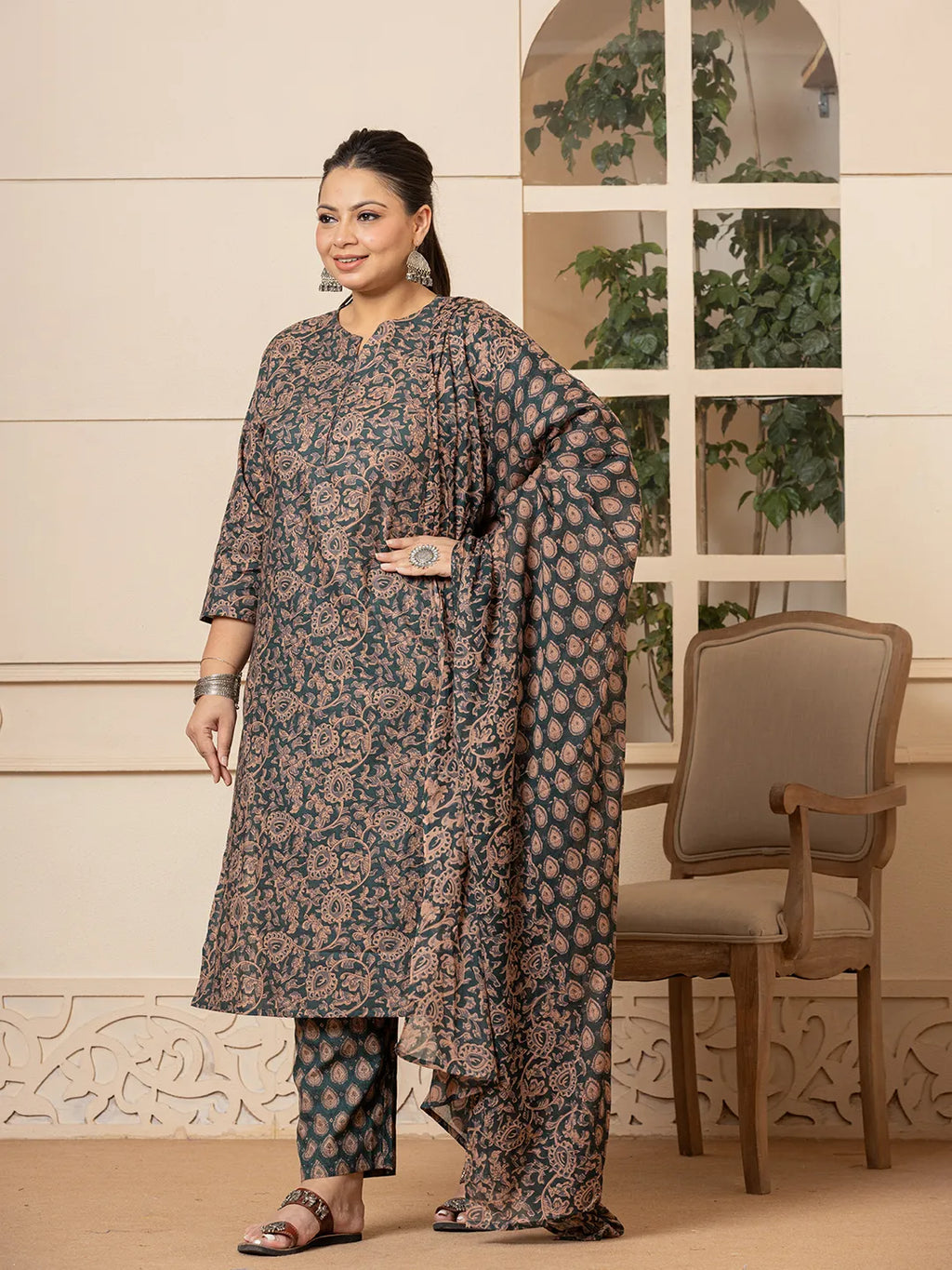 Yufta Cotton Green Plus Size Kurta Dupatta Set