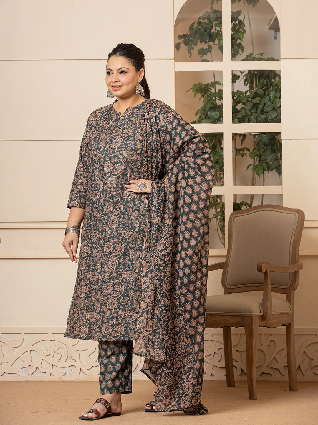 Yufta Cotton Green Plus Size Kurta Dupatta Set