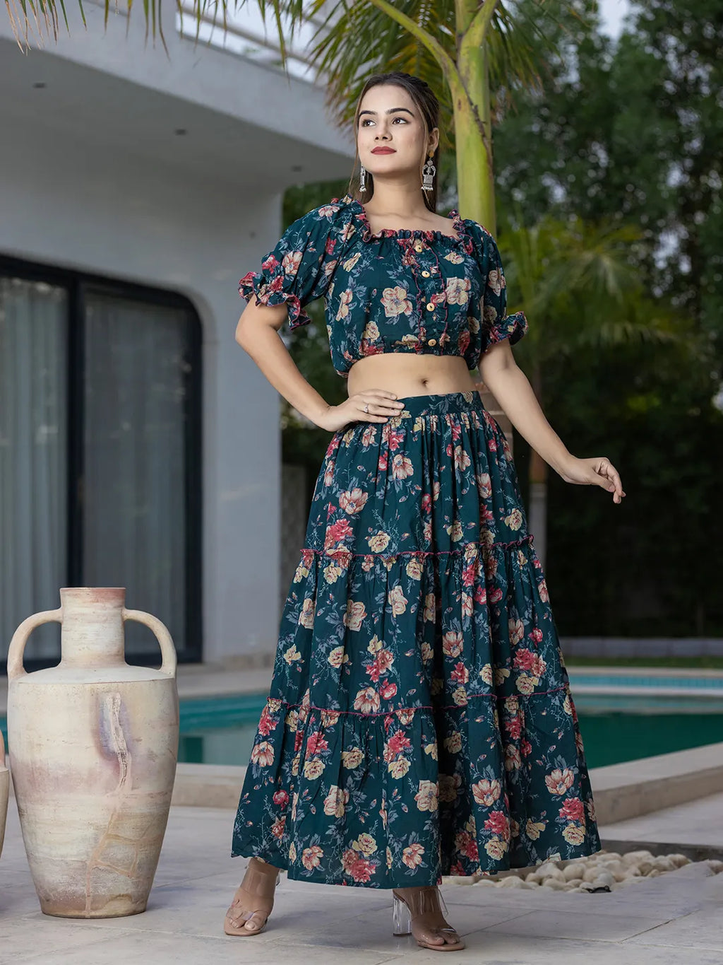 Yufta Cotton Green Skirt Co-Ord Set