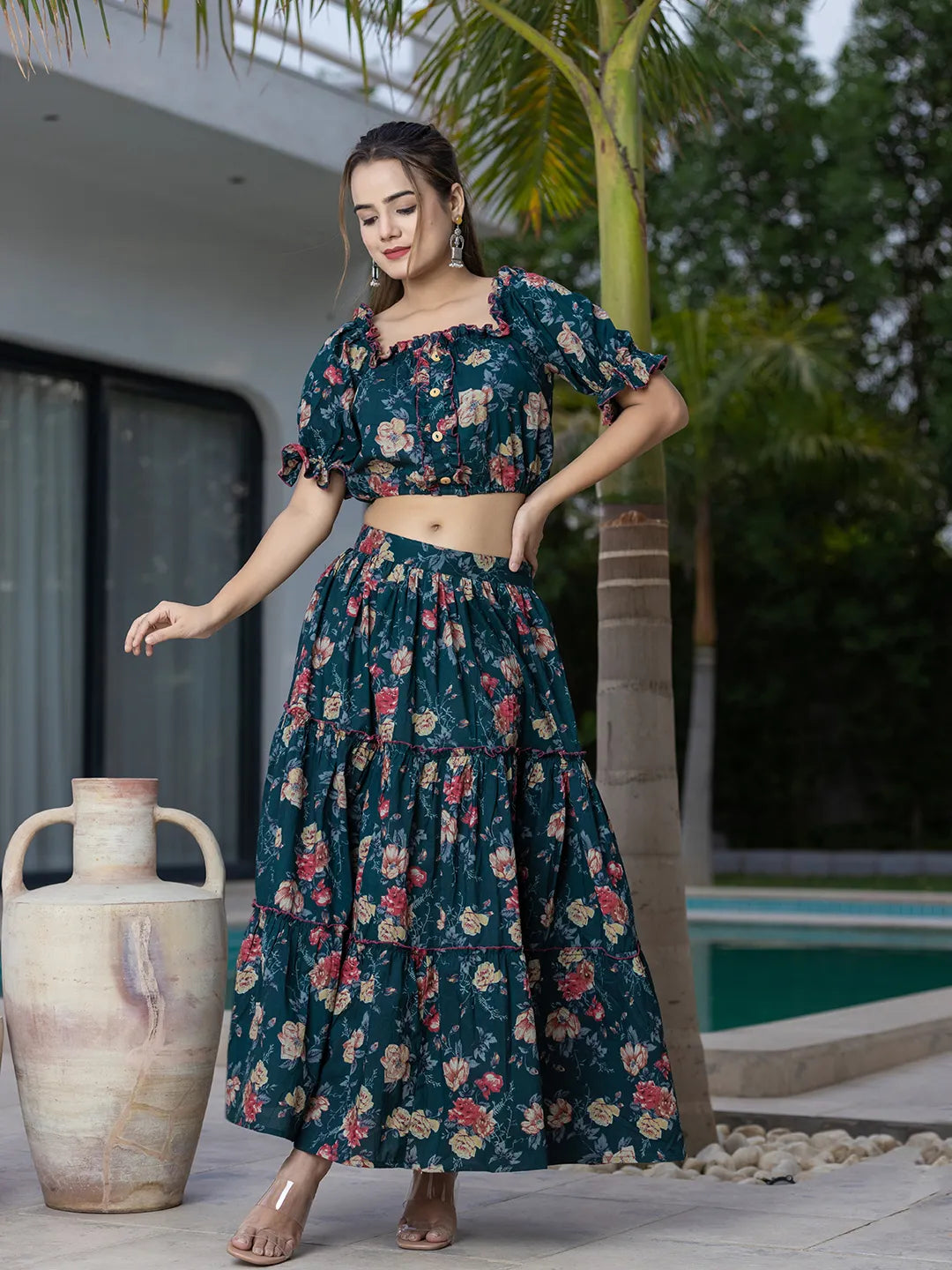 Yufta Cotton Green Skirt Co-Ord Set