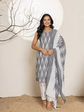 Yufta Cotton Grey Ikat Print Kurta Dupatta Set