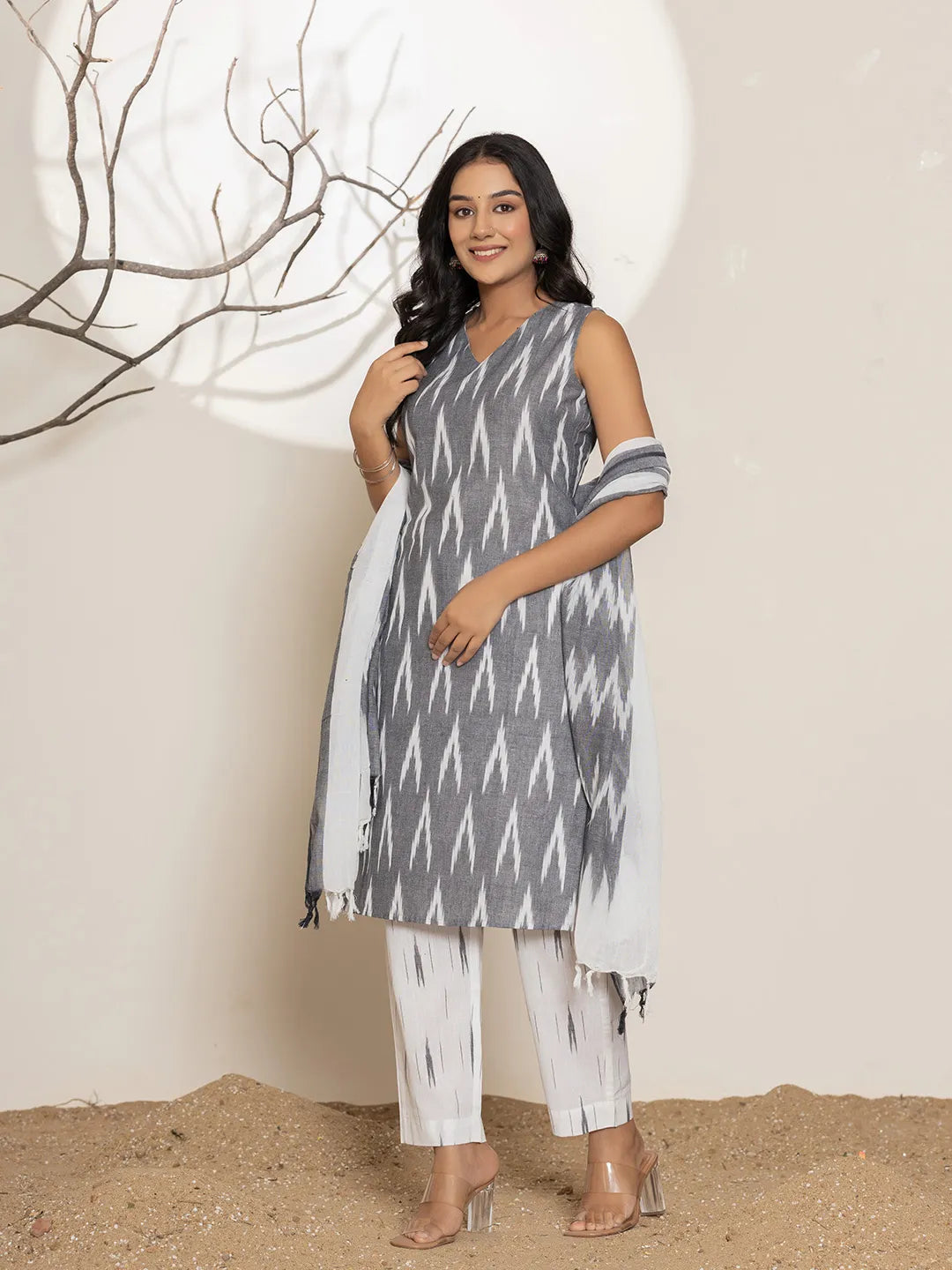 Yufta Cotton Grey Ikat Print Kurta Dupatta Set