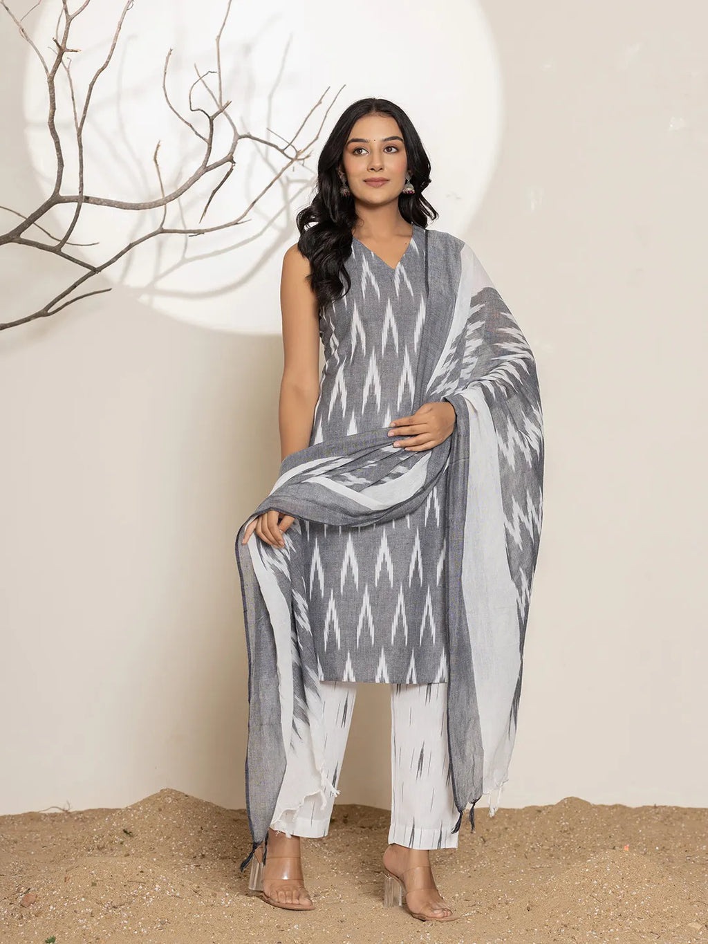 Yufta Cotton Grey Ikat Print Kurta Dupatta Set