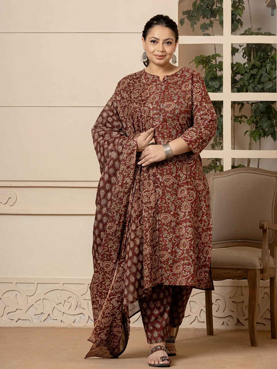 Yufta Cotton Maroon Plus Size Kurta Dupatta Set