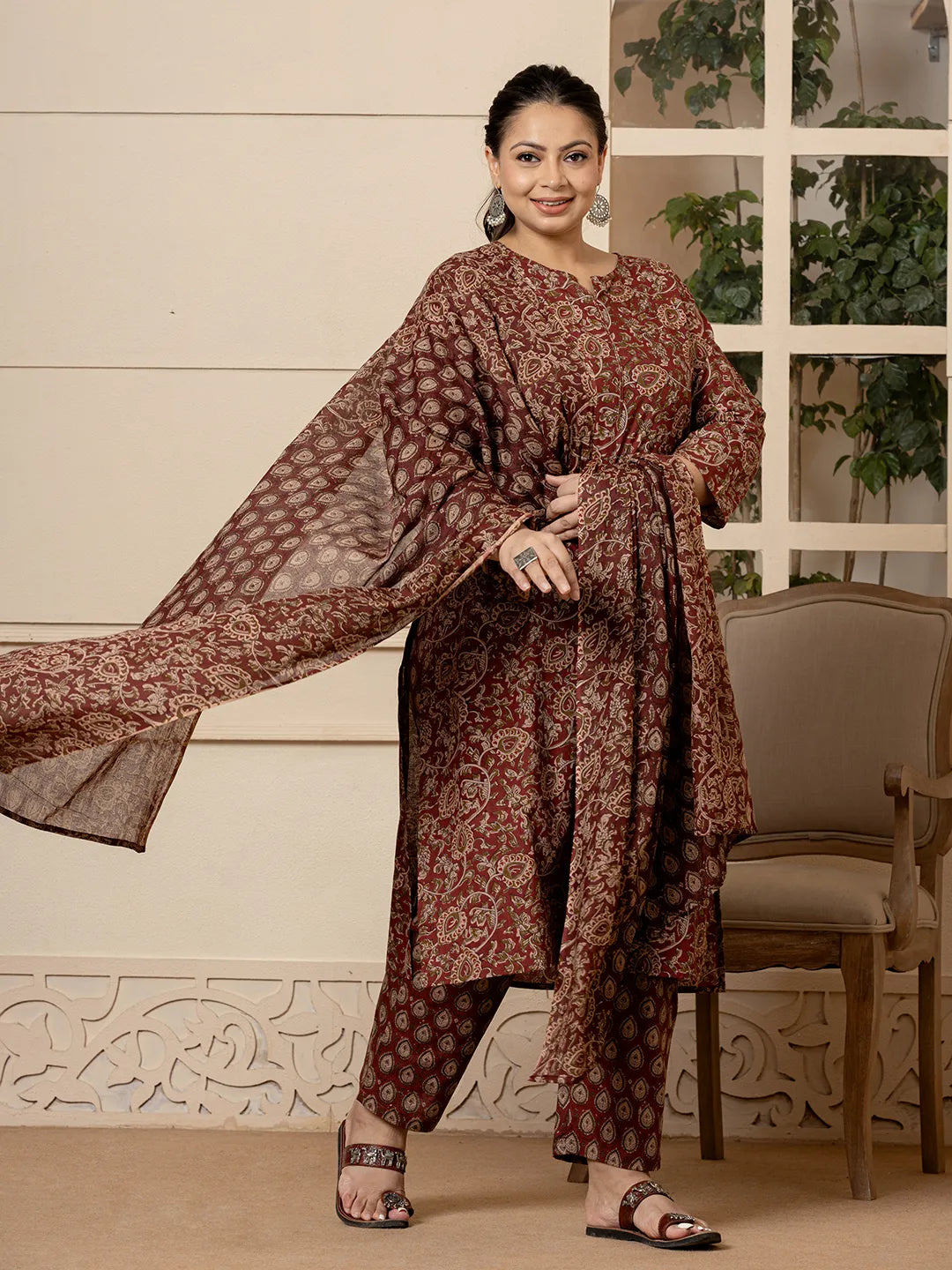 Yufta Cotton Maroon Plus Size Kurta Dupatta Set