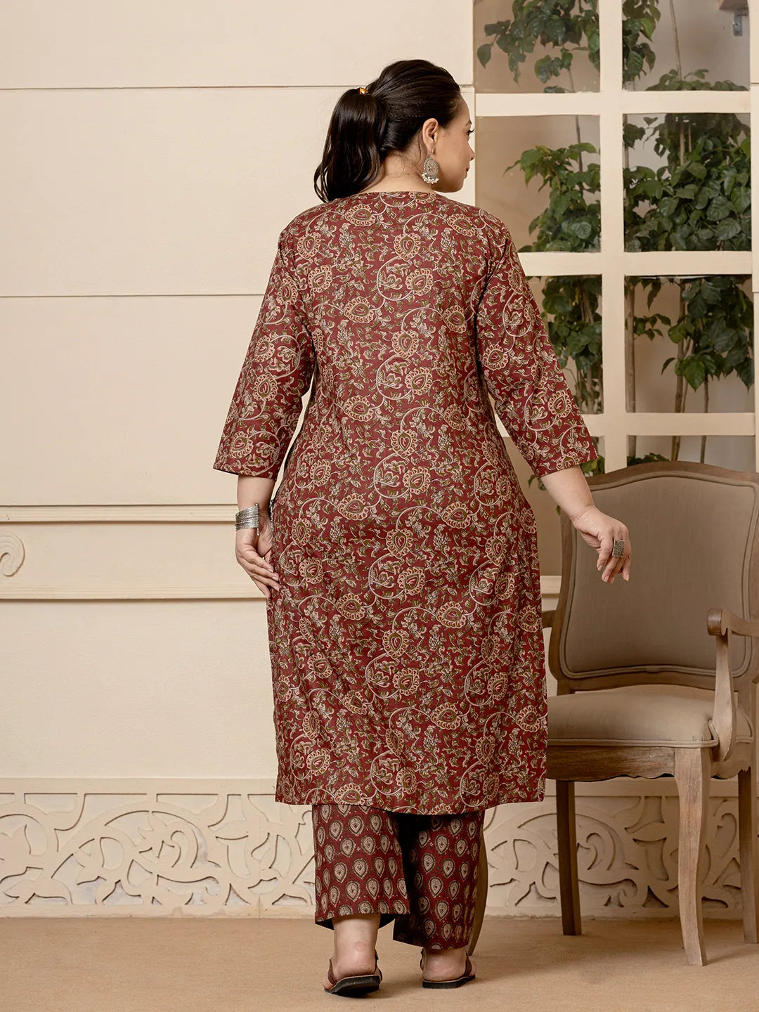 Yufta Cotton Maroon Plus Size Kurta Dupatta Set