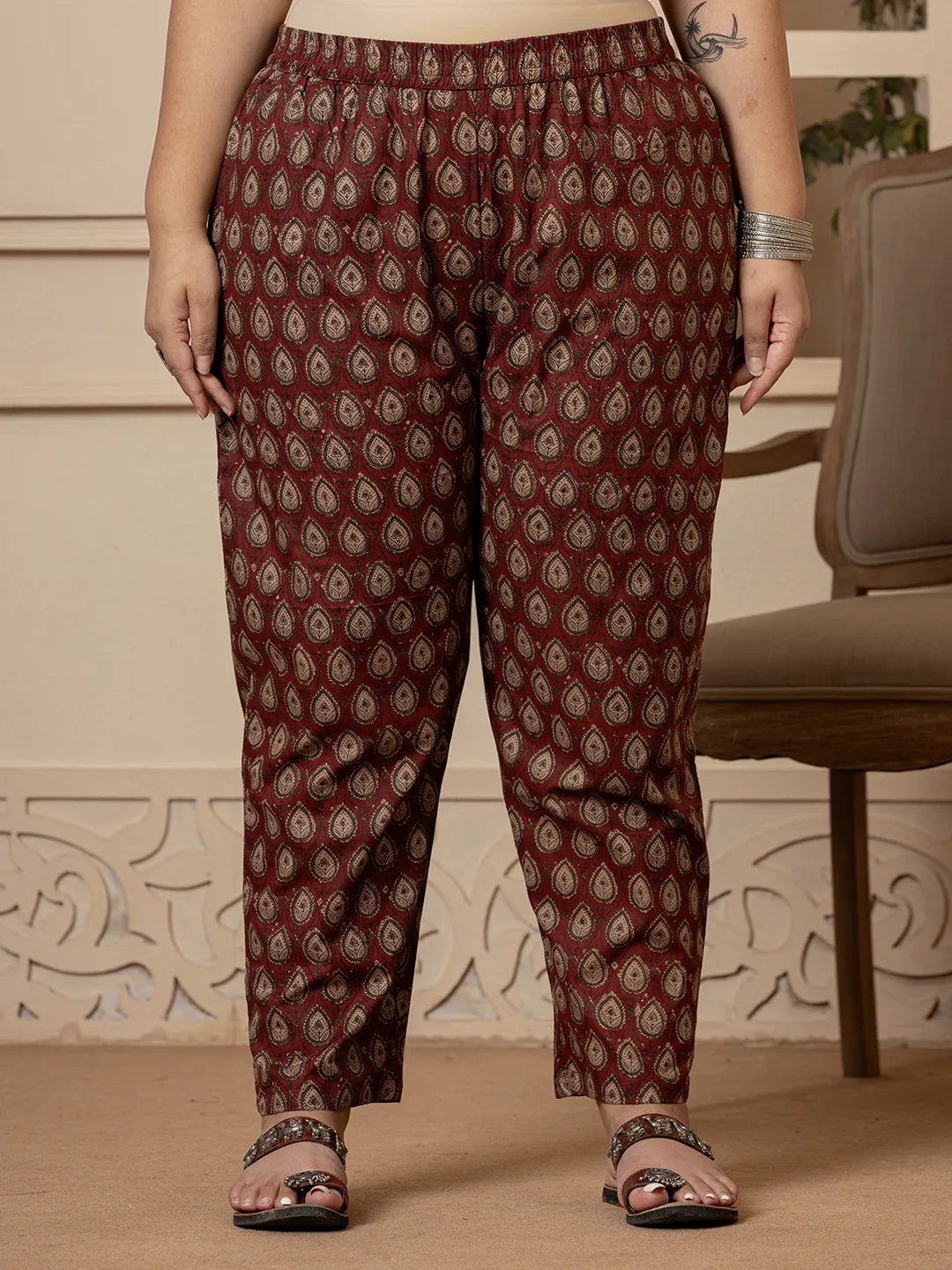 Yufta Cotton Maroon Plus Size Kurta Dupatta Set