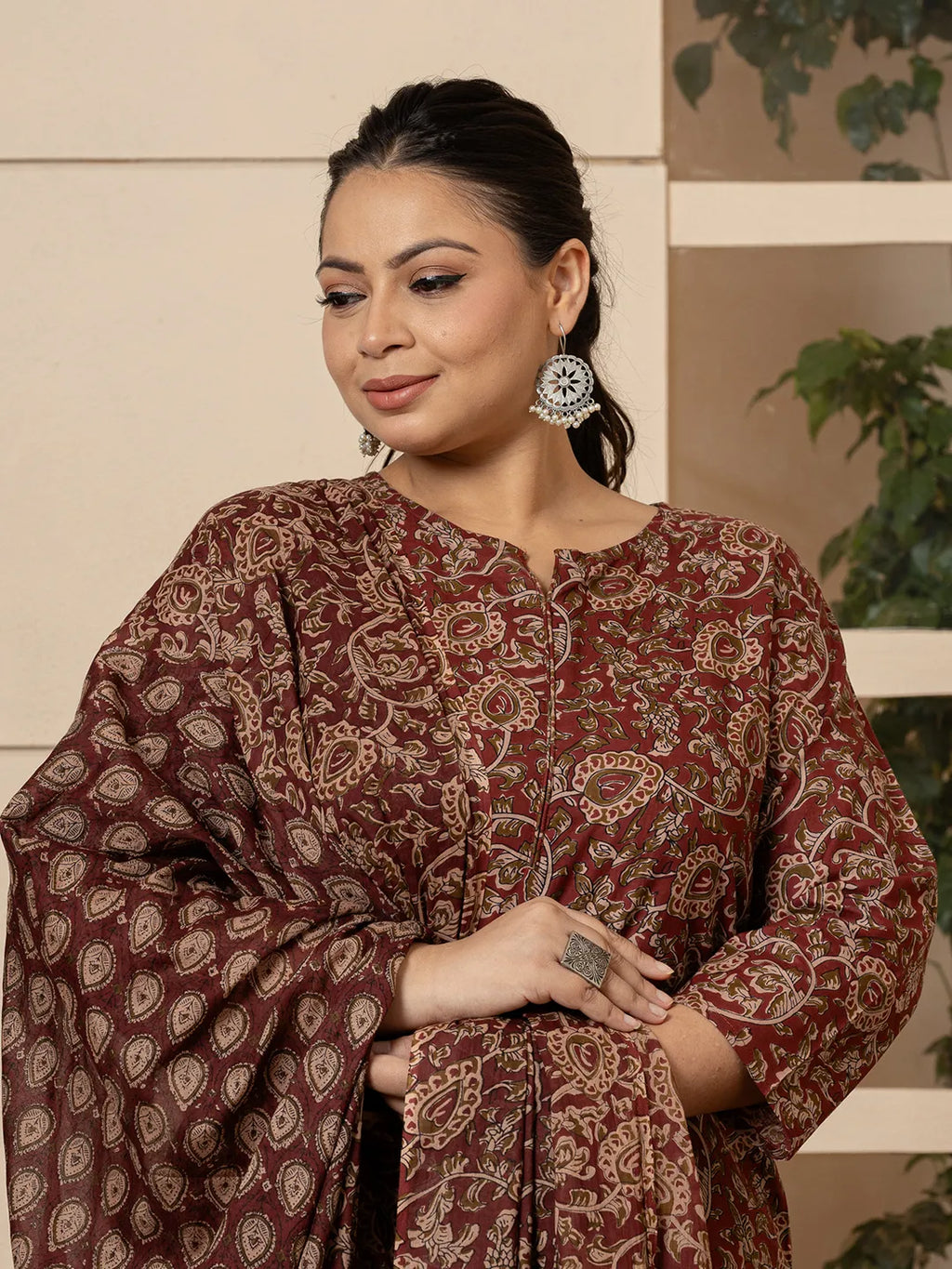 Yufta Cotton Maroon Plus Size Kurta Dupatta Set