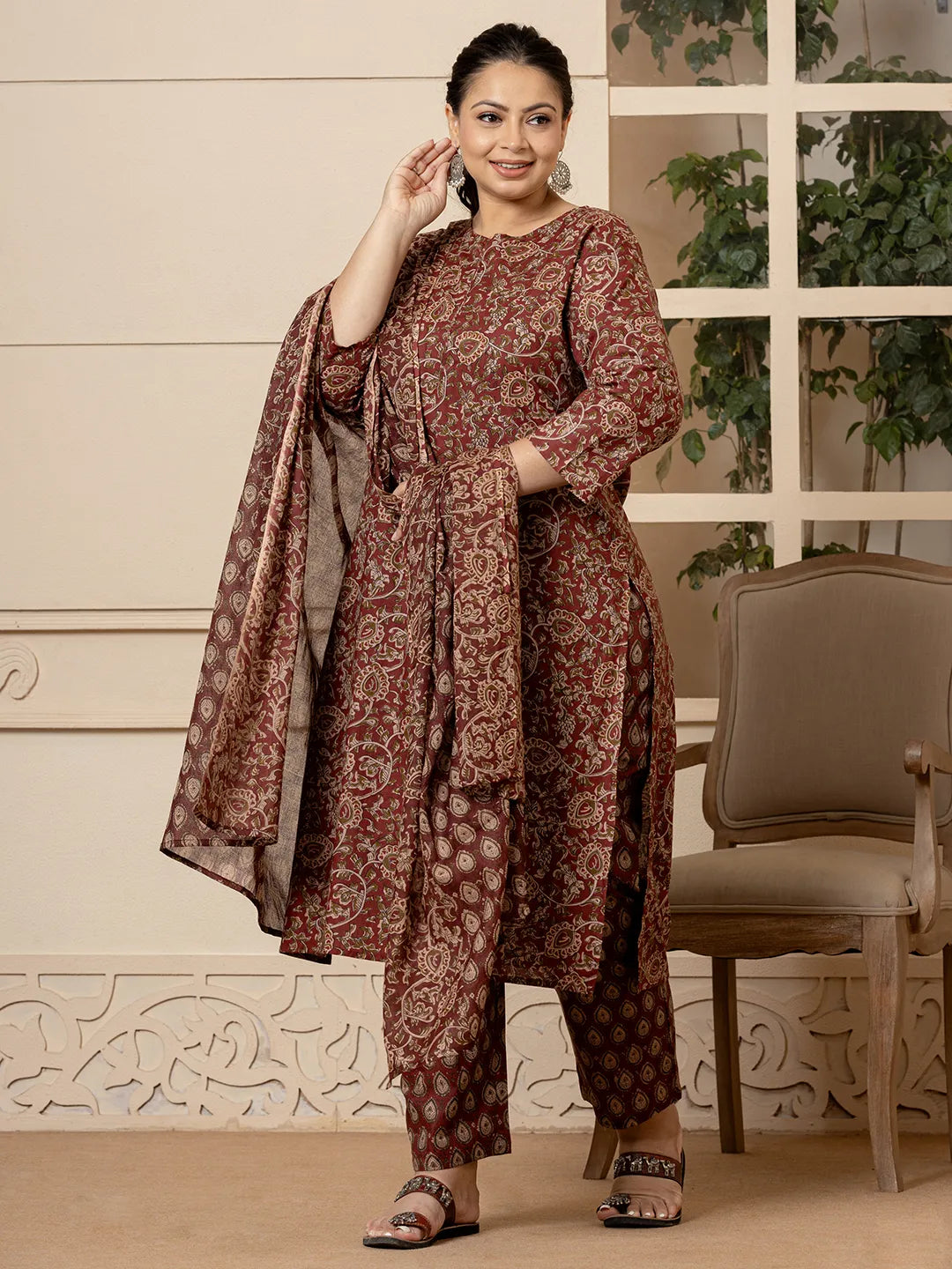 Yufta Cotton Maroon Plus Size Kurta Dupatta Set