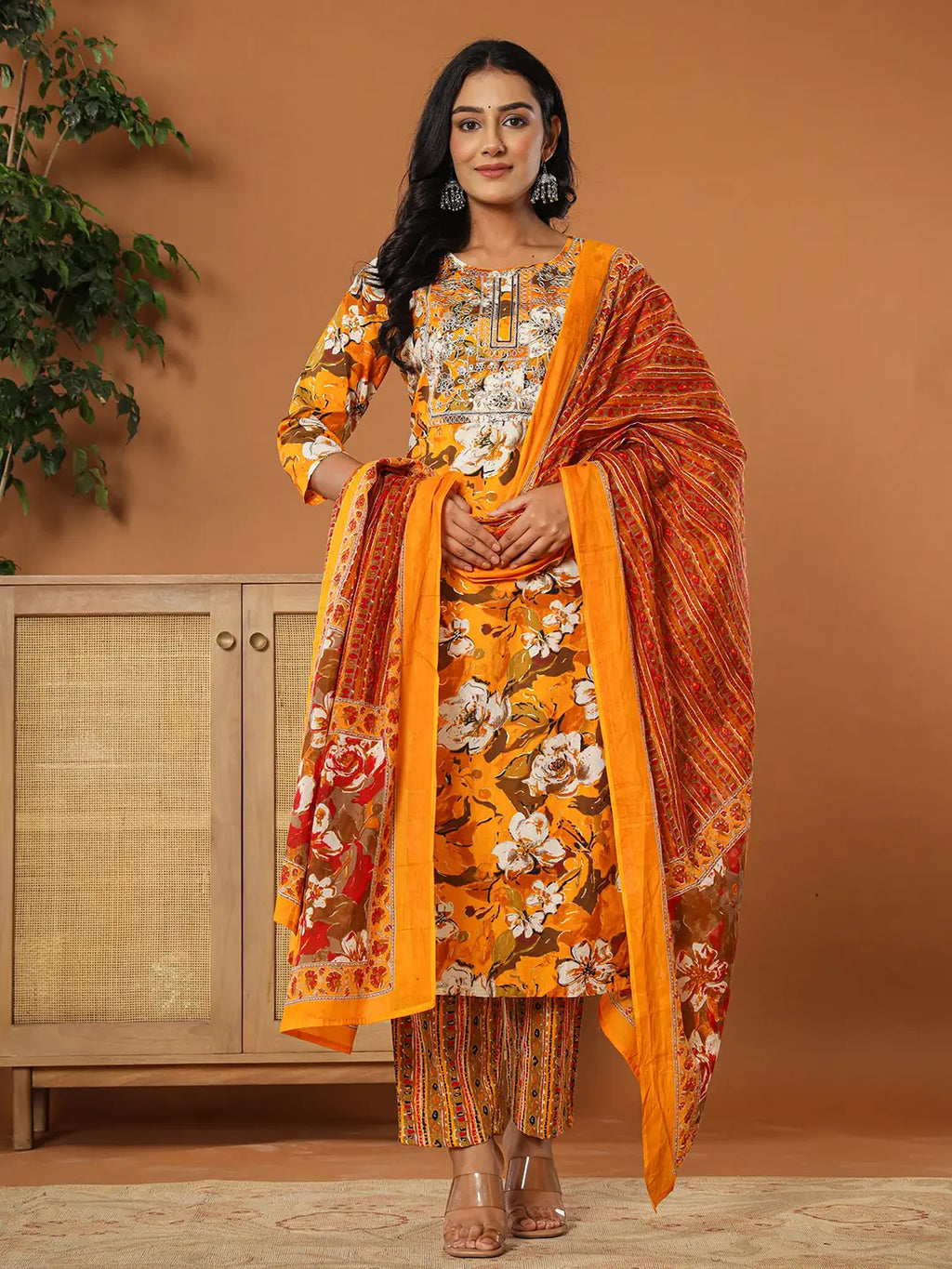 Yufta Cotton Mustard Embroidered Kurta Dupatta Set