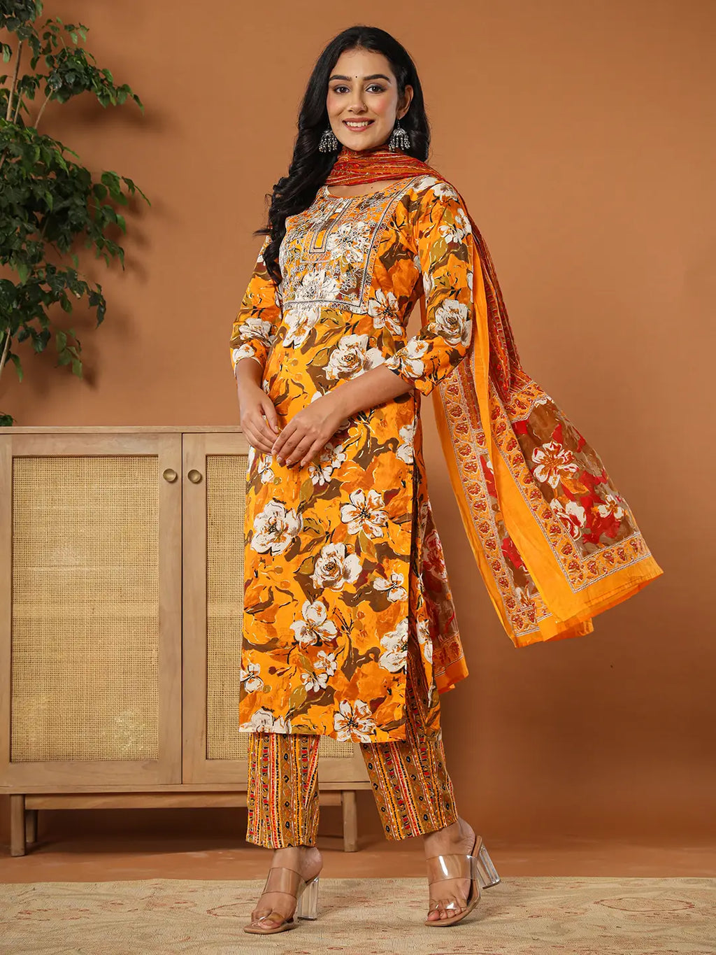 Yufta Cotton Mustard Embroidered Kurta Dupatta Set