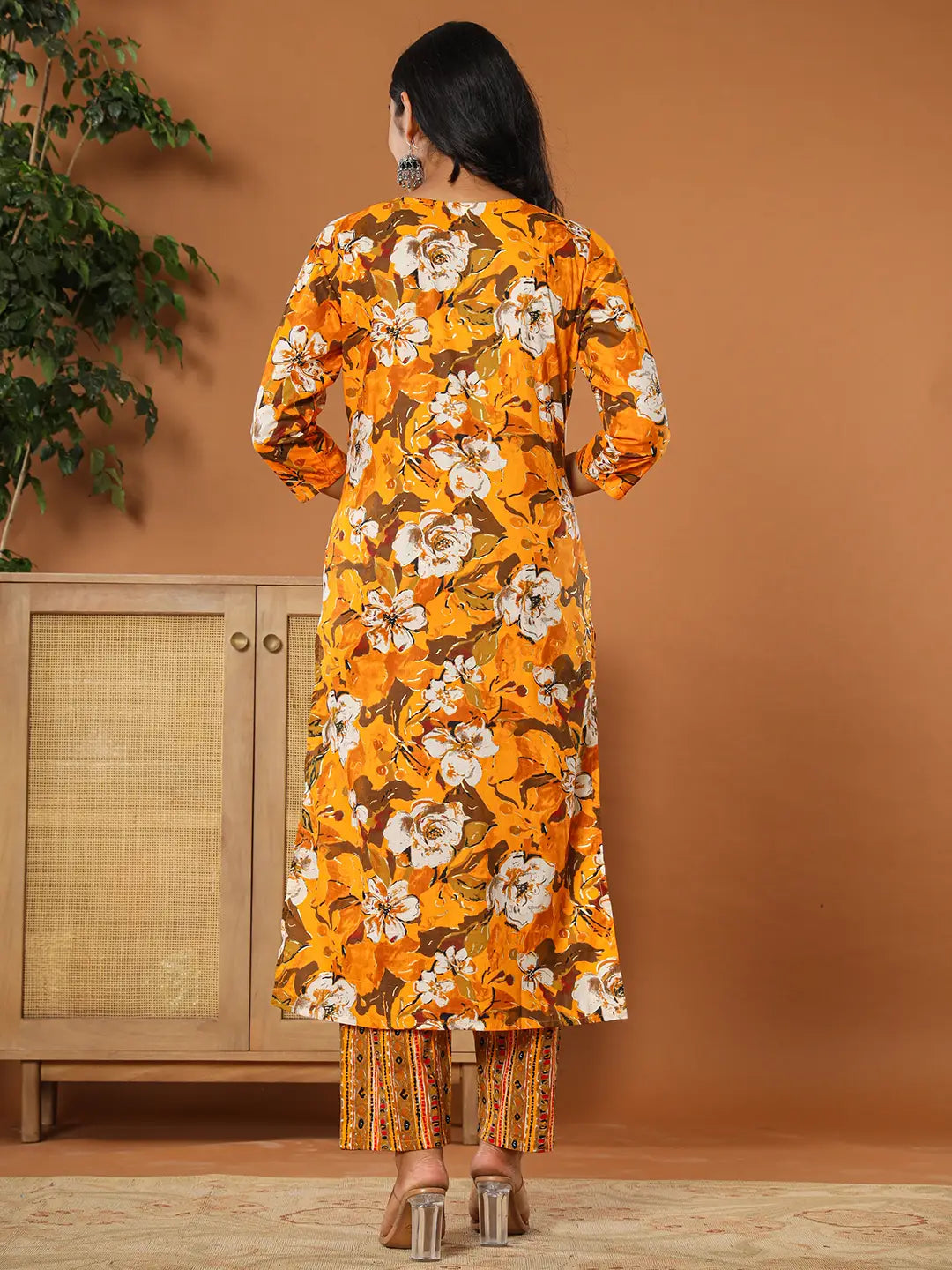 Yufta Cotton Mustard Embroidered Kurta Dupatta Set