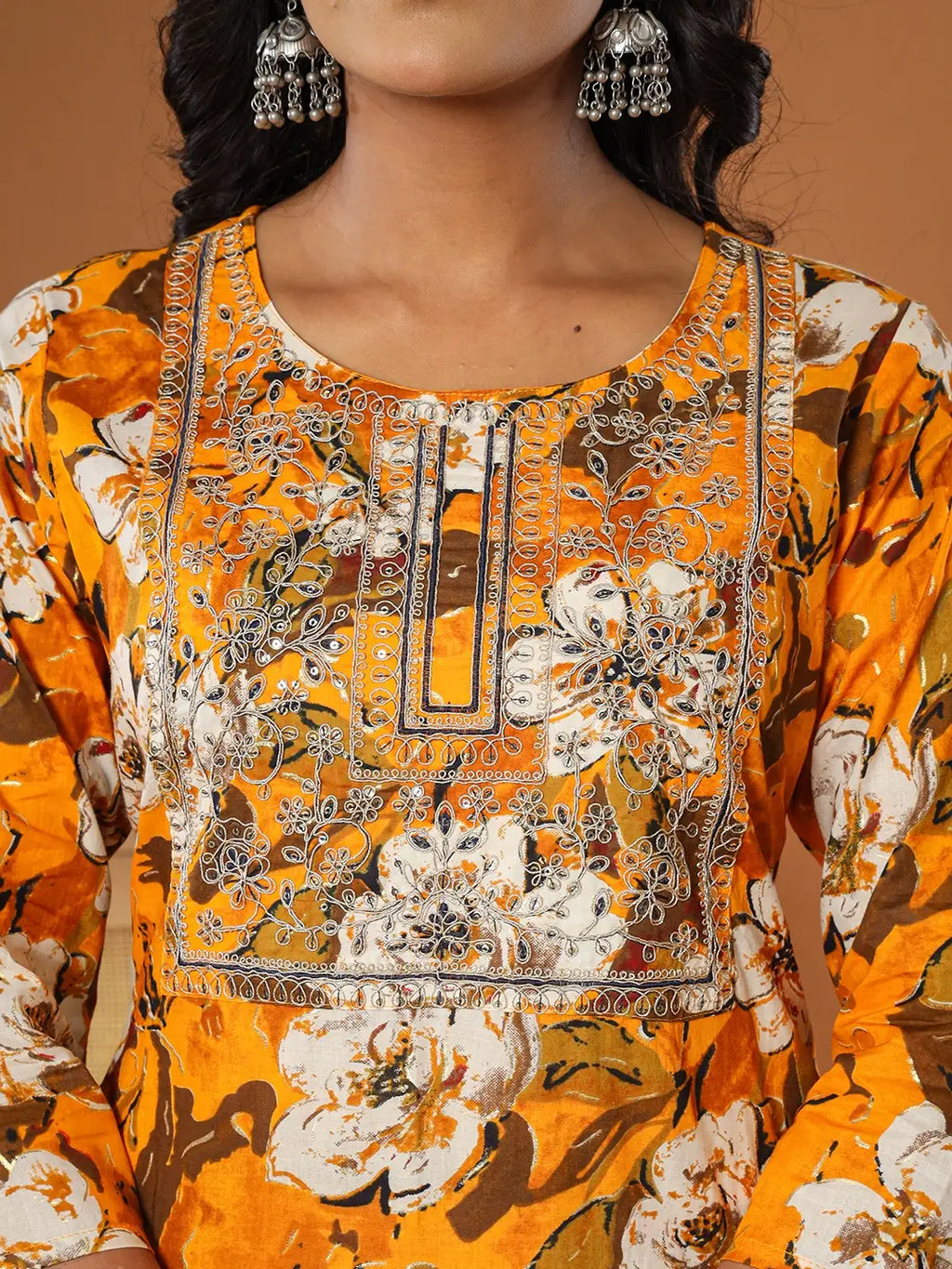Yufta Cotton Mustard Embroidered Kurta Dupatta Set