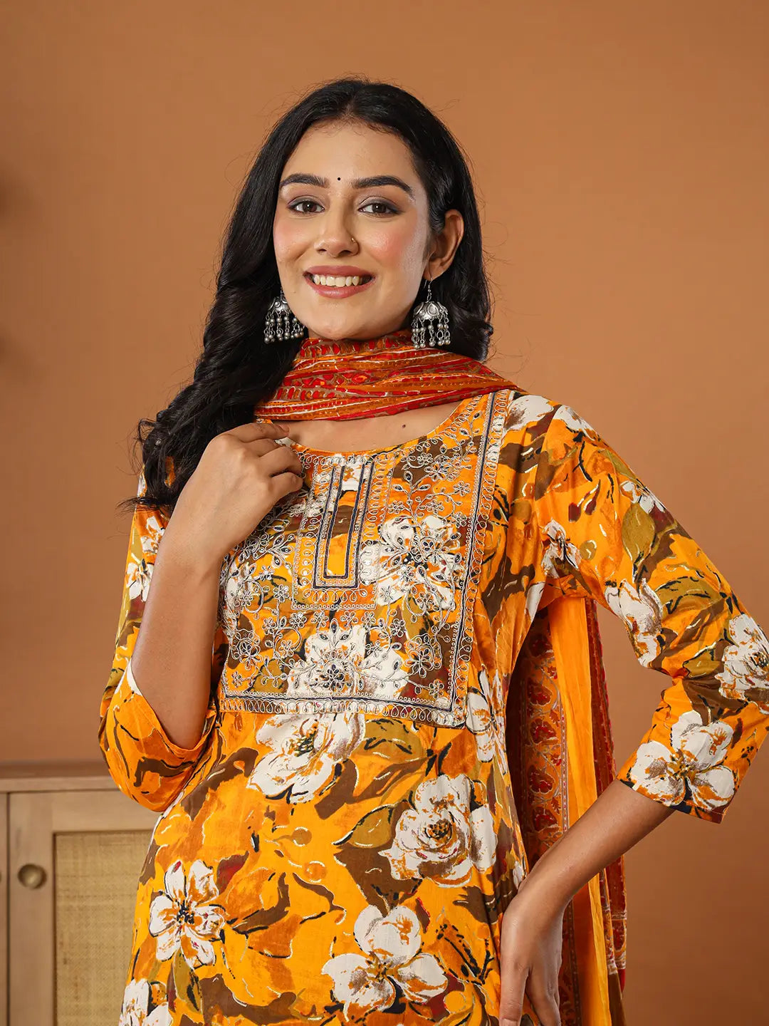 Yufta Cotton Mustard Embroidered Kurta Dupatta Set