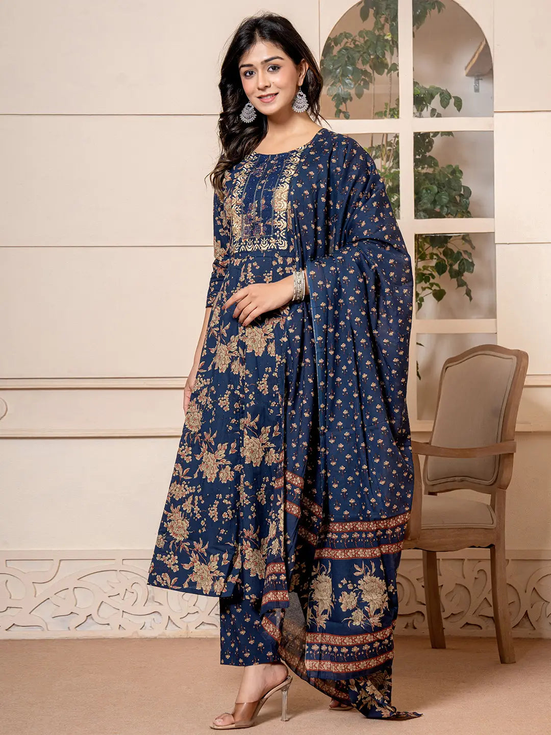 Yufta Cotton Navy Blue Anarkali Dupatta Set