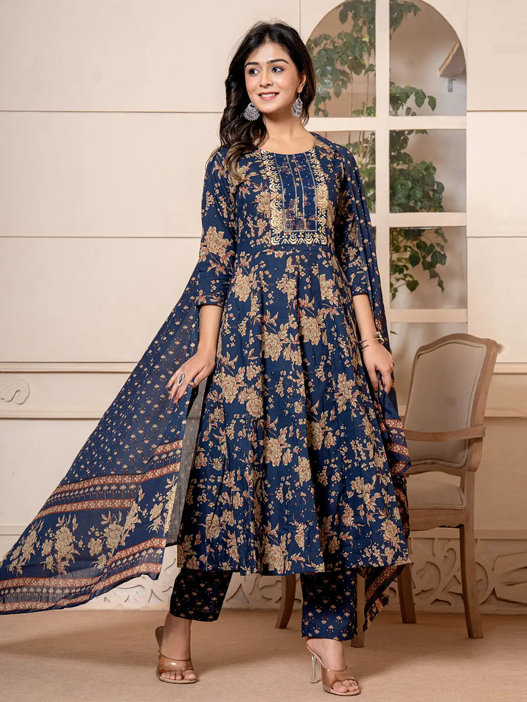 Yufta Cotton Navy Blue Anarkali Dupatta Set