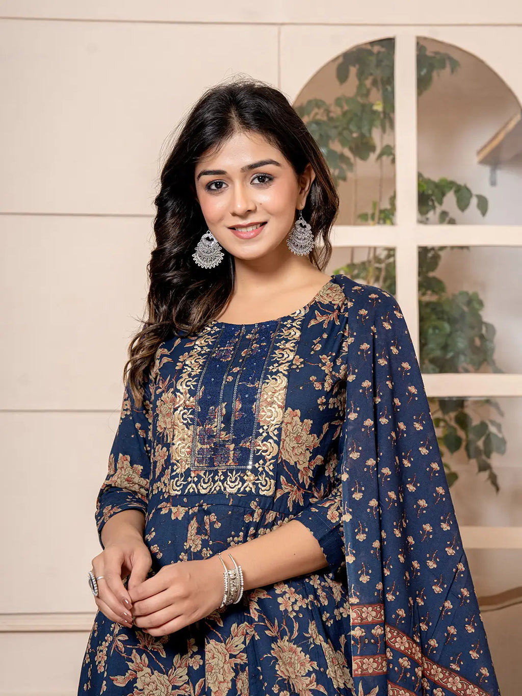 Yufta Cotton Navy Blue Anarkali Dupatta Set