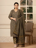 Yufta Cotton Olive Ethnic Motifs Plus Size Kurta Dupatta Pant Set
