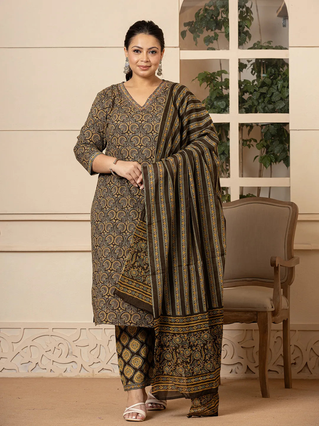 Yufta Cotton Olive Ethnic Motifs Plus Size Kurta Dupatta Pant Set