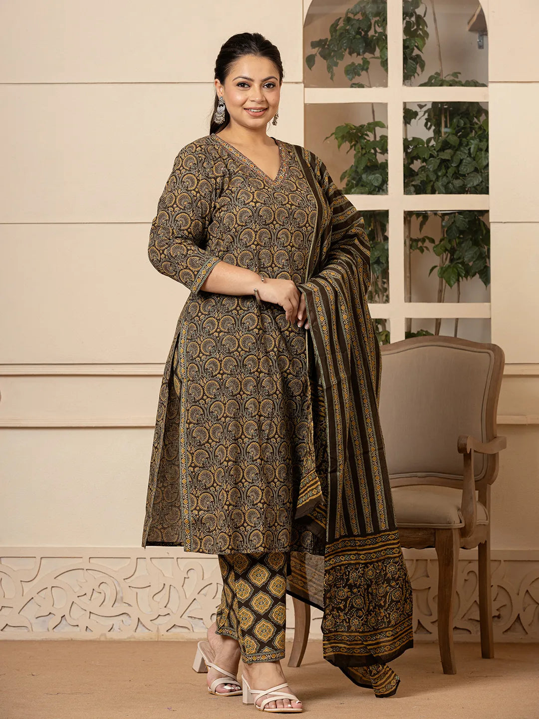 Yufta Cotton Olive Ethnic Motifs Plus Size Kurta Dupatta Pant Set
