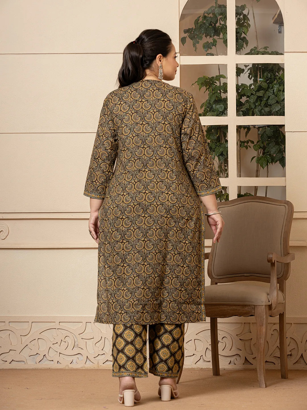 Yufta Cotton Olive Ethnic Motifs Plus Size Kurta Dupatta Pant Set