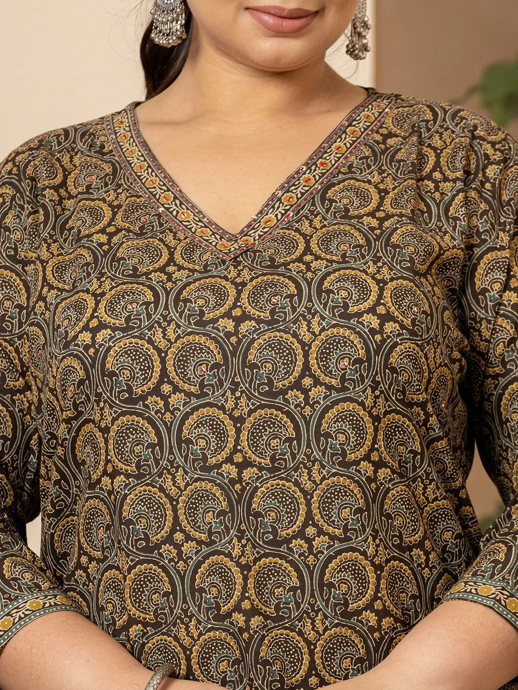Yufta Cotton Olive Ethnic Motifs Plus Size Kurta Dupatta Pant Set