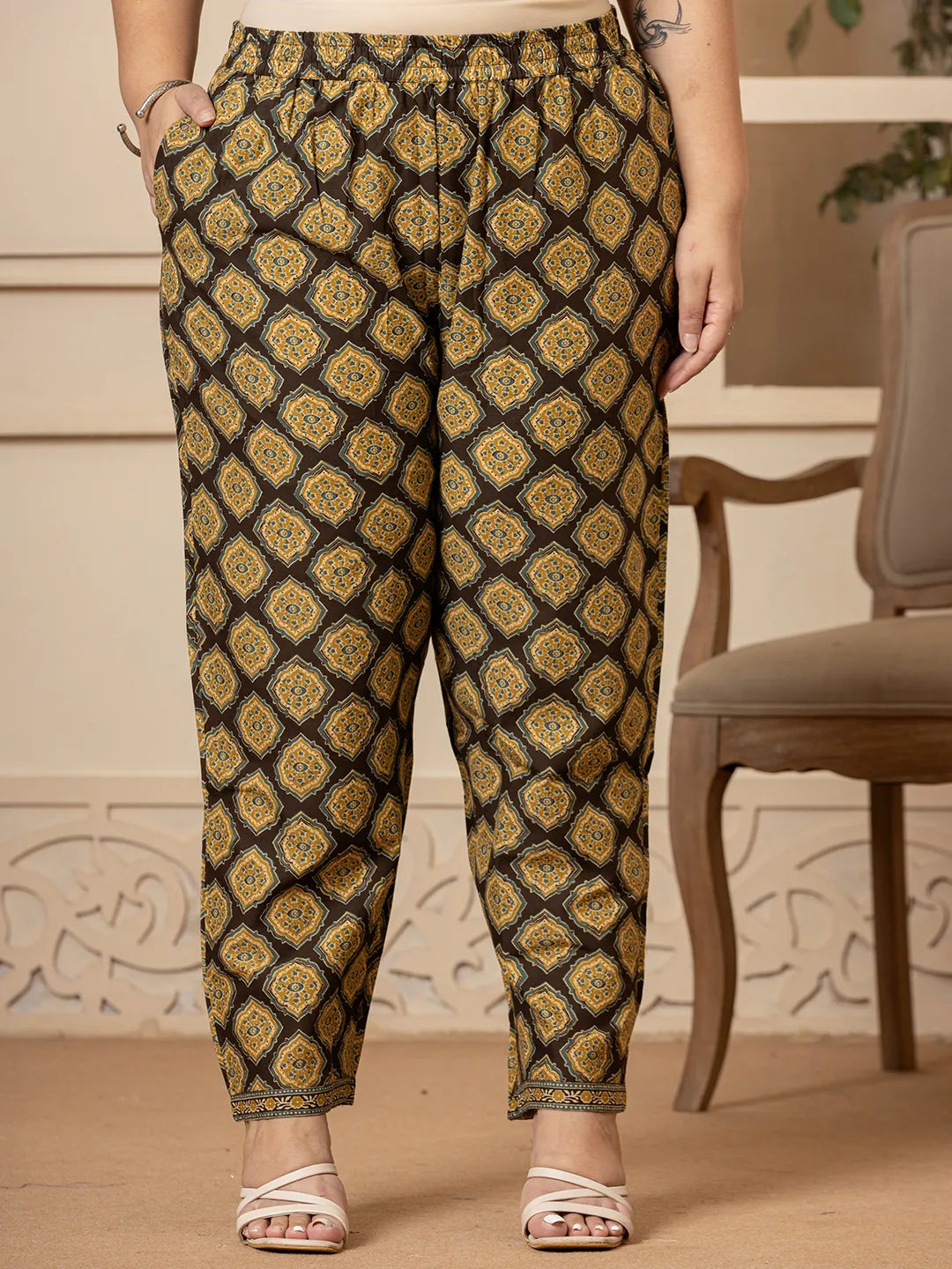 Yufta Cotton Olive Ethnic Motifs Plus Size Kurta Dupatta Pant Set