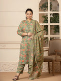 Yufta Cotton Olive Floral Print Plus Size Kurta Dupatta Pant Set