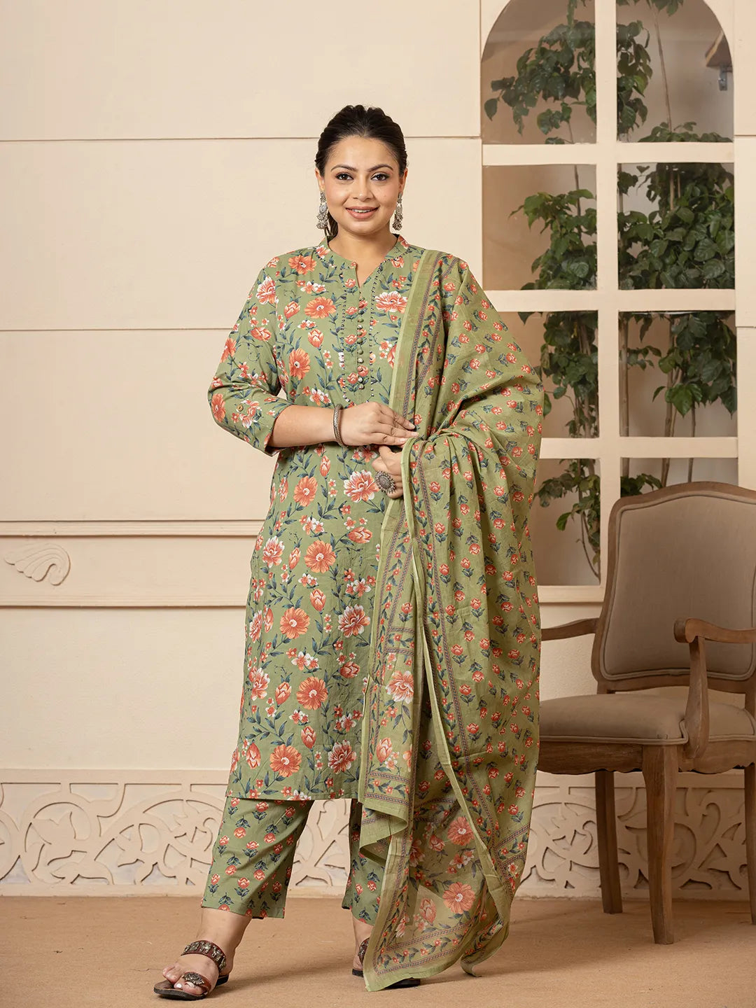 Yufta Cotton Olive Floral Print Plus Size Kurta Dupatta Pant Set