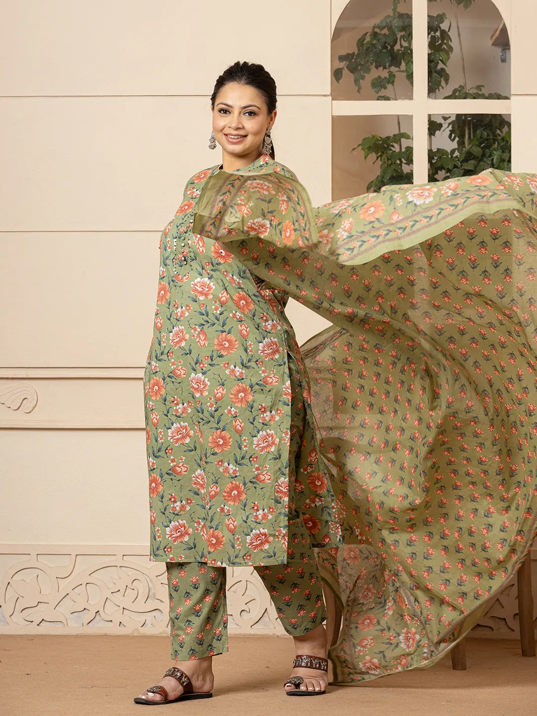 Yufta Cotton Olive Floral Print Plus Size Kurta Dupatta Pant Set