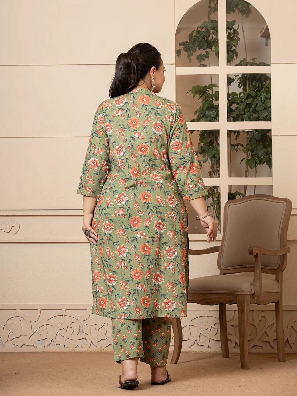 Yufta Cotton Olive Floral Print Plus Size Kurta Dupatta Pant Set