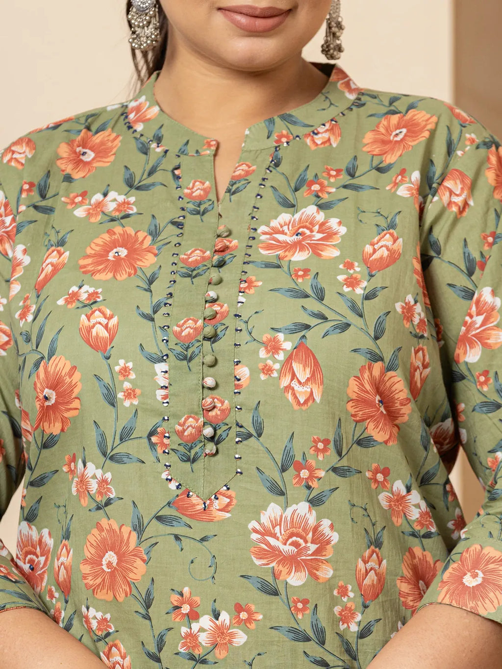 Yufta Cotton Olive Floral Print Plus Size Kurta Dupatta Pant Set