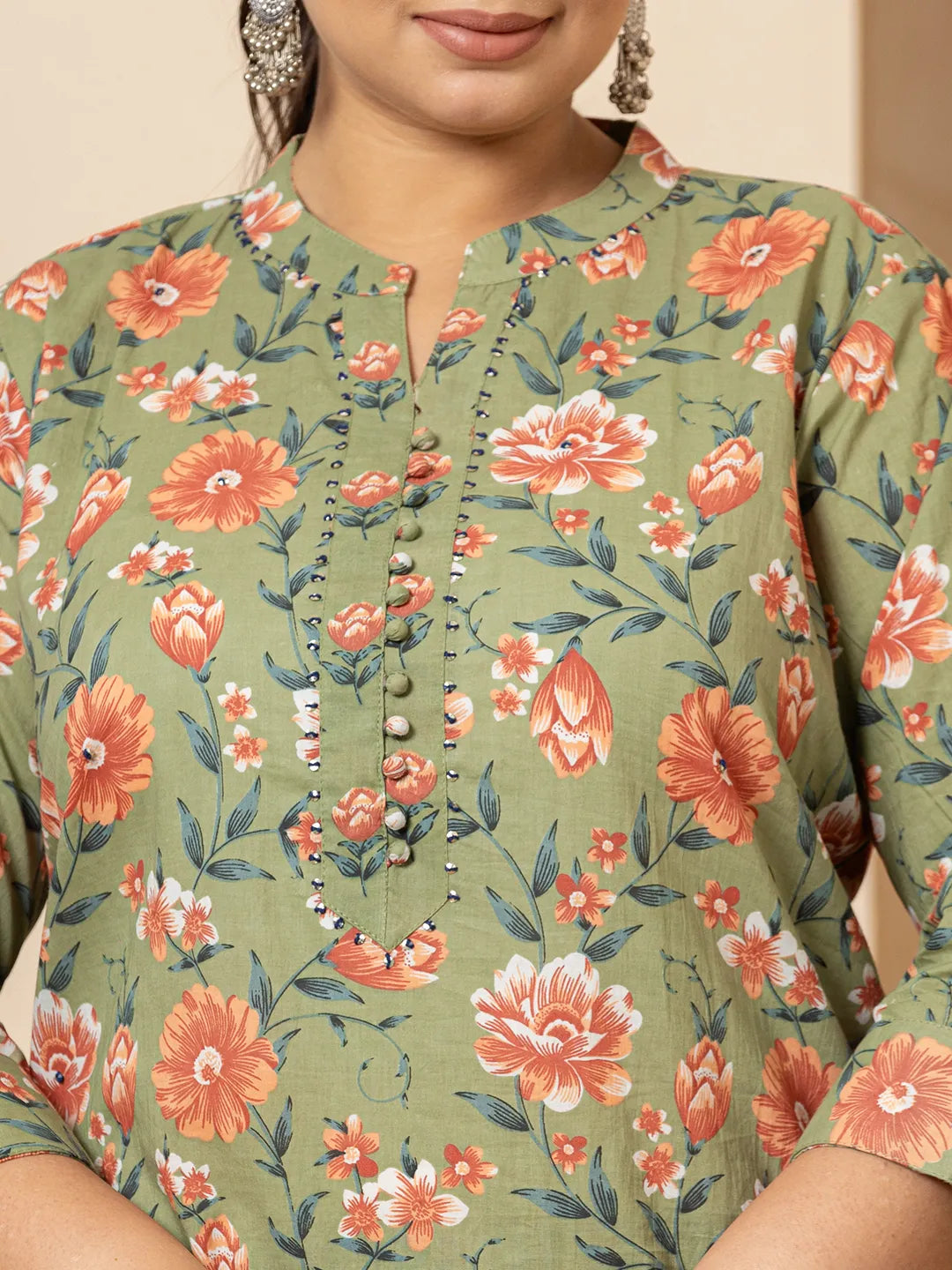 Yufta Cotton Olive Floral Print Plus Size Kurta Dupatta Pant Set